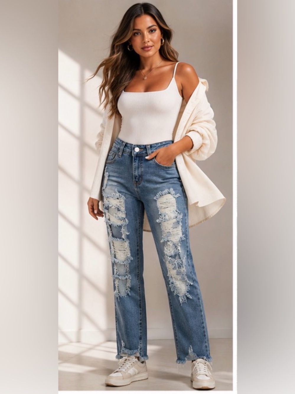 American Bazi Size 1 Distressed Ripped Straight Leg Jeans Raw Hem NWT